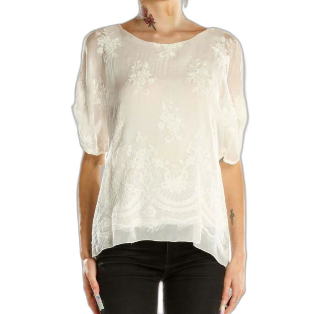 Angela Moda Women's Ivory Silk Blend Sheer Embroidered SS Flowy Boho Top Sz S